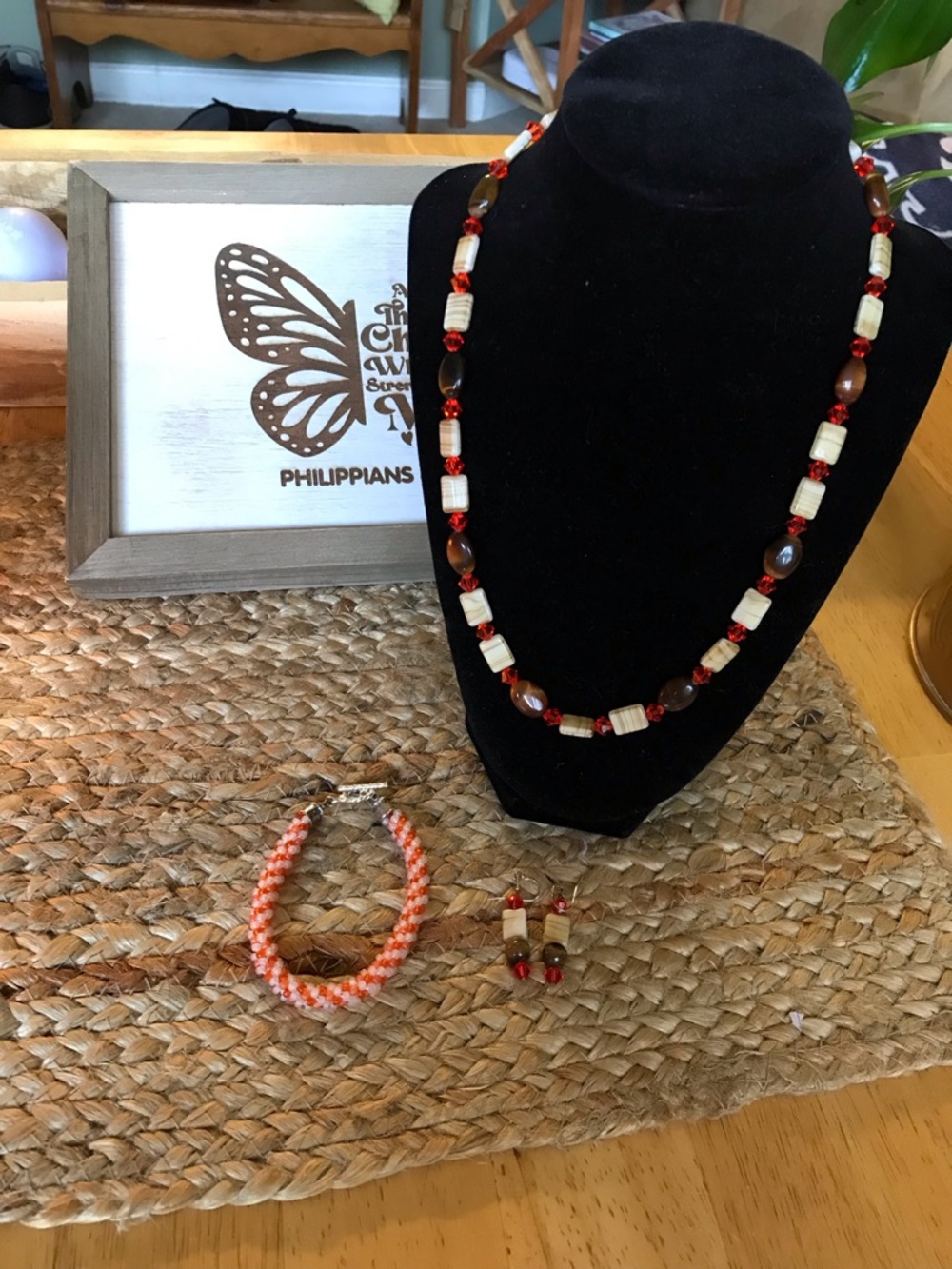 Handmade Orange, Tiger Eye and Cream Beaded Necklace with Earrings & bracelet